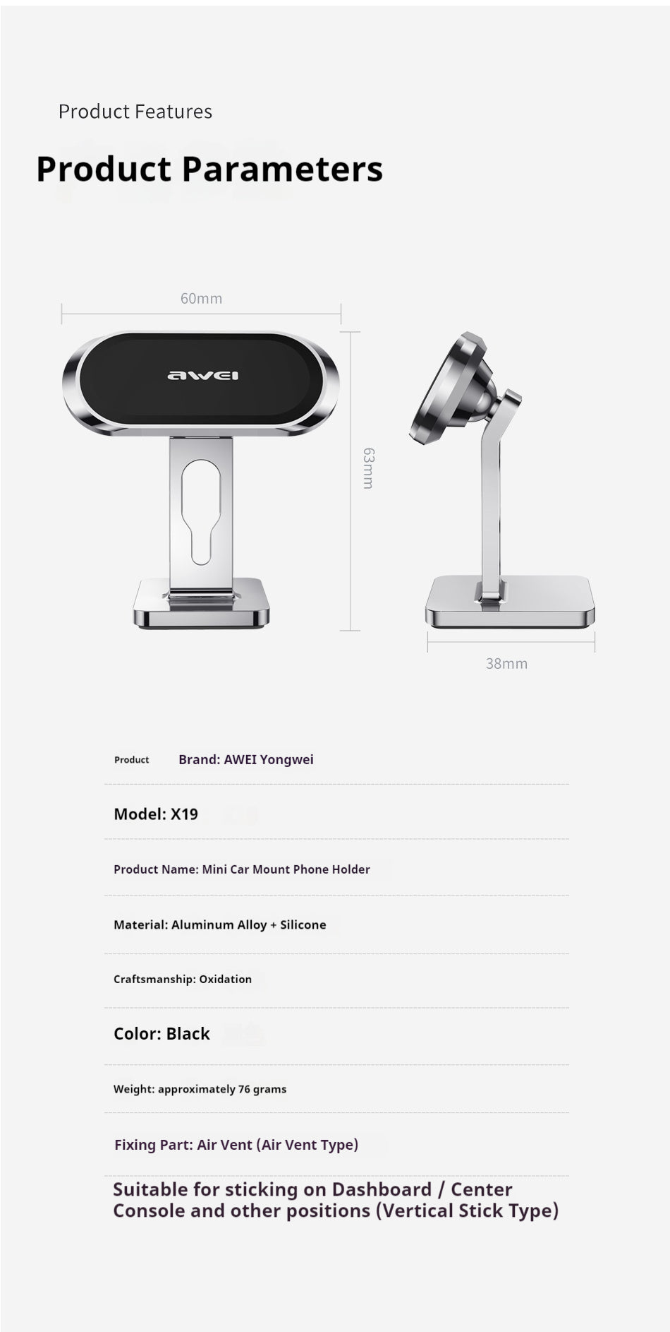 Awei X19 Magnetic Car Phone Holder-Universal Fit